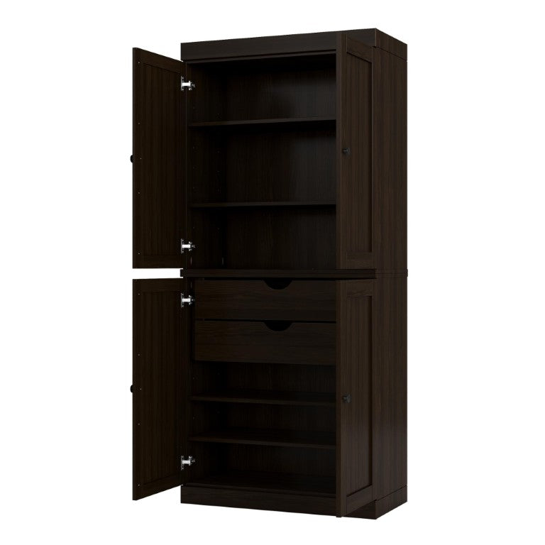 HomeRoots 72 Inch Espresso Solid Wood Tall Pantry Cabinet with Four Doors for Kitchen 749059