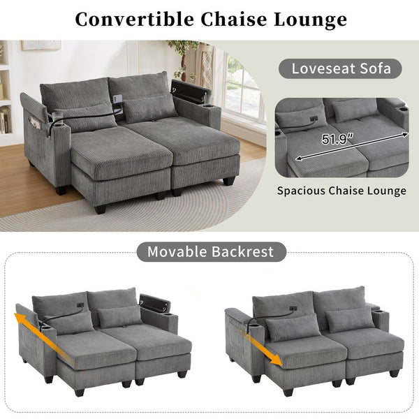English Elm Convertible Chaise Lounge Sofa Bed With Usb Ports, Cup Holders & Storage - Stylish Grey Sleeper Sofa N719S002020E