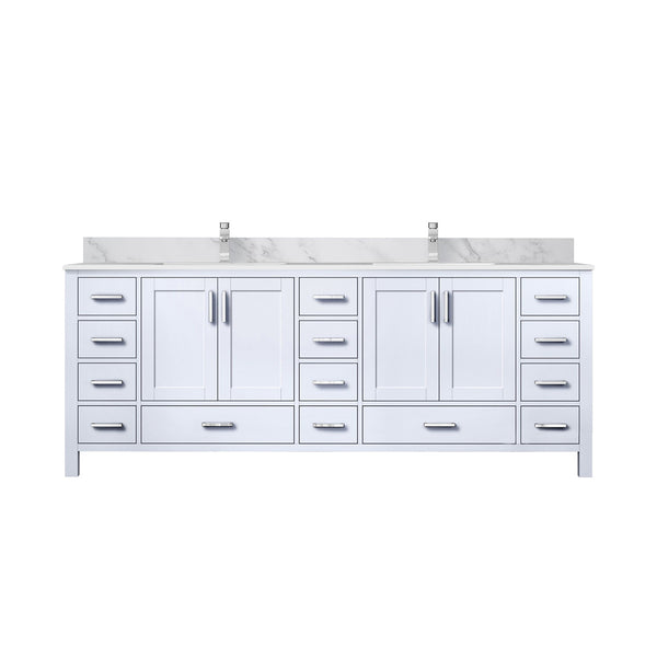 English Elm White Double Bath Vanity 84" W x 22" D with Carrara Marble Top, 14 Drawers, Soft-Close, Faucet Included B2731P259146