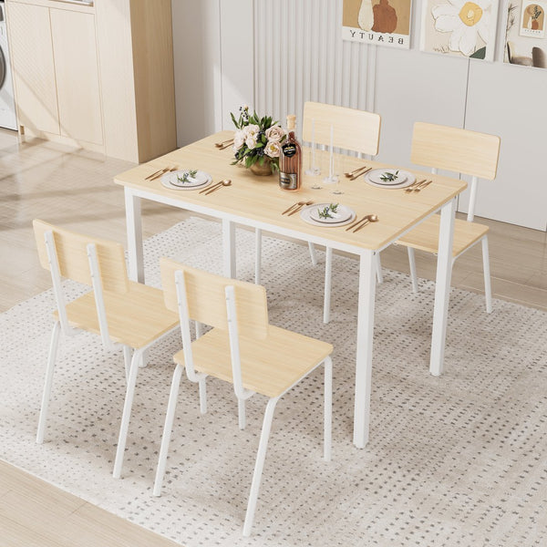 English Elm 5-Piece Modern Dining Set for Small Spaces — 43.3" MDF Top Table with Metal Frame and 4 Chairs, Easy Clean Oak W578133460