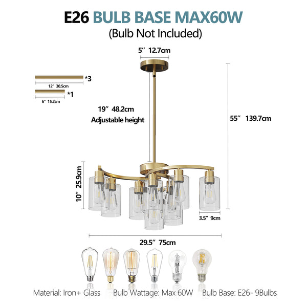 English Elm 9-Light Modern Farmhouse Chandelier with Clear Glass Shades, Adjustable Height, Industrial Iron Fixture Gold W2312P374989