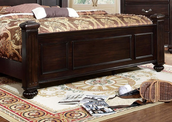 English Elm Queen Panel Bed with Floral Paneled Headboard & Footboard, Dark Walnut Finish, Antique Brass Accents B2741S00045