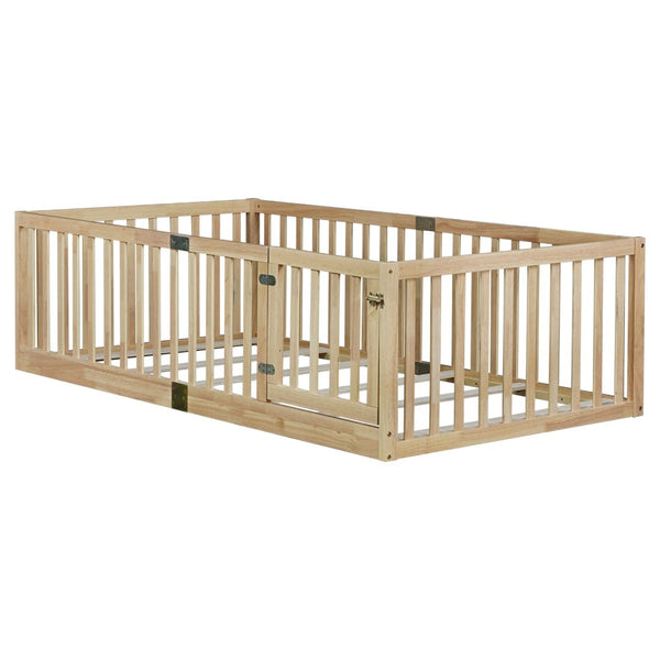 English Elm Twin House Frame Floor Bed Rubberwood with Roof Canopy and Safety Rails for Kids Natural W504P429539