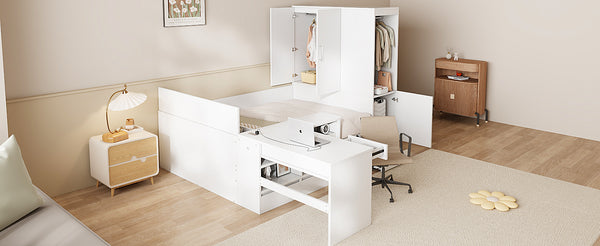 English Elm Full Size Wooden Platform Bed With Integrated Desk, 6 Drawers, Wardrobe & Modern Shelves, White Finish N820S00060K