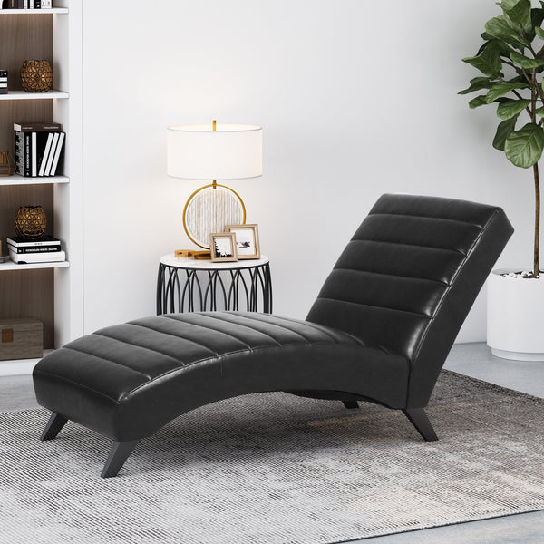 English Elm Christopher Knight Home® - FINLAY Curved PU Chaise Lounge with Birch Legs — Ergonomic Faux Leather Seat for Modern Comfort and Style Black 43.5 L x 26.5 W x 14.5 H 70507.00MDNT