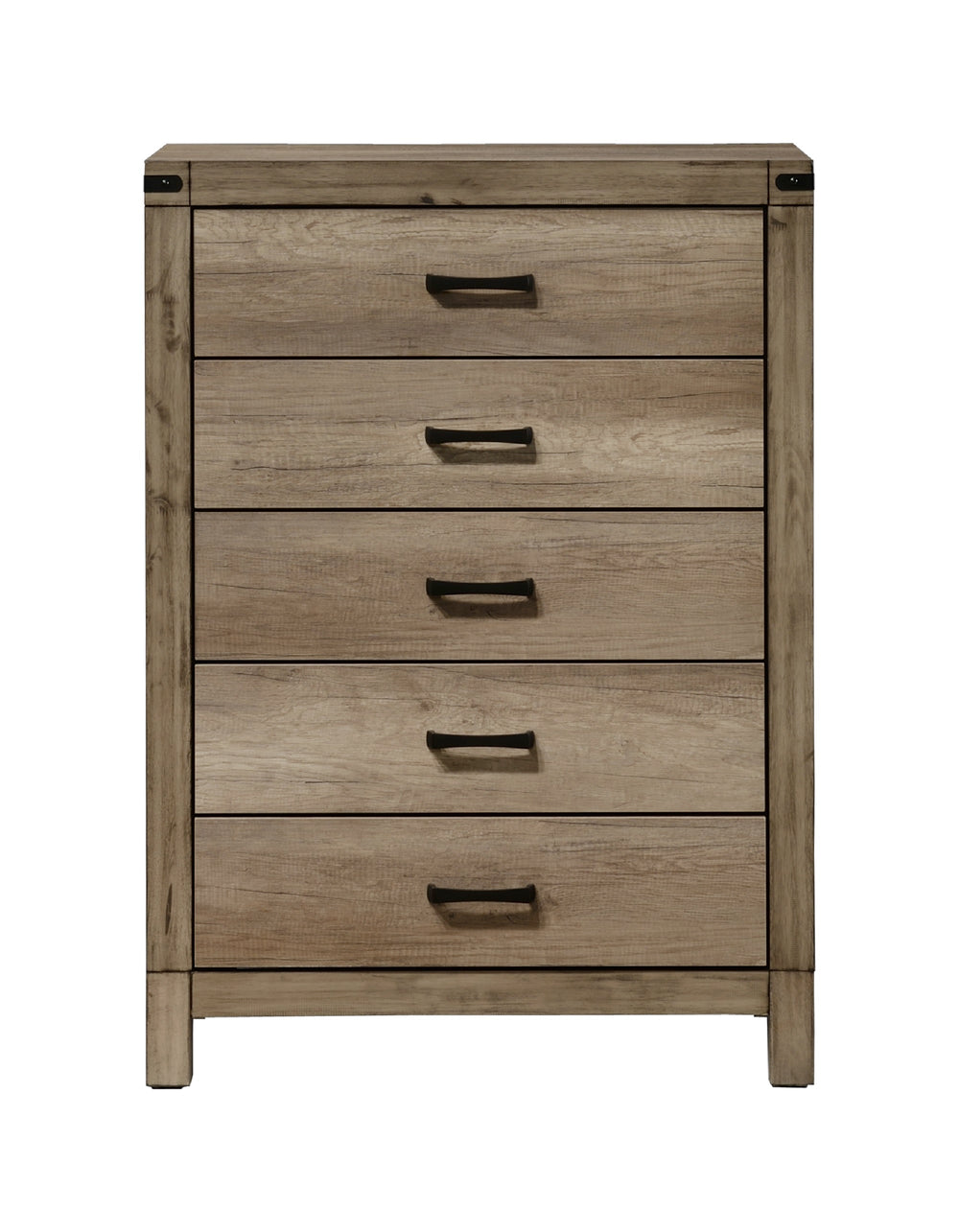 English Elm 1pc Five-Drawer Chest in White Mist Finish with Metal Knobs & Handles, Spacious Bedroom Storage Solution Brown 37.5 L x 19 W x 52 H B011P228965
