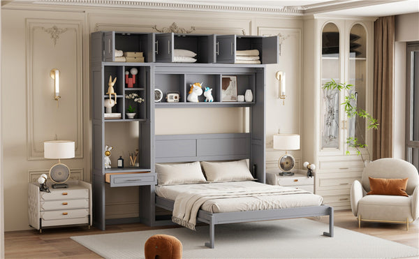 English Elm Queen Murphy Bed with Integrated Desk Cabinet Shelves Space Saving Studio Solution Gray N708S00021E-1