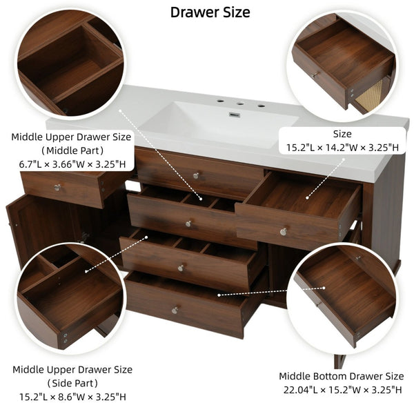 English Elm 60" Boutique Bathroom Vanity Rattan Doors Soft Close Drawers Smc Sink Pine Legs Brown N817P397678B