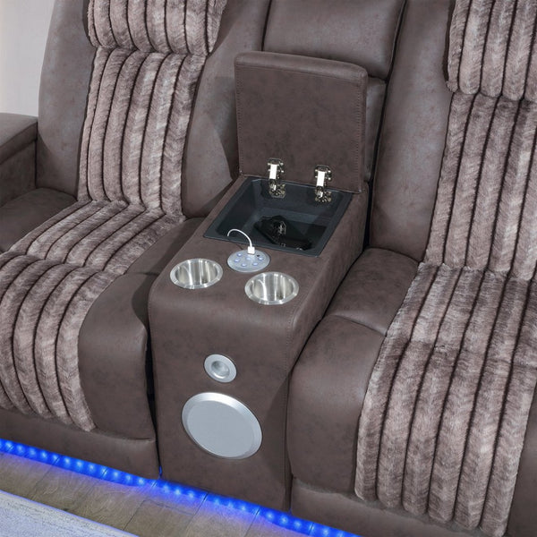 English Elm Duran Power Reclining Set with Led Lighting Bluetooth Speaker and Motorized Headrest Brown B201S00475