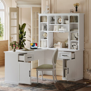 English Elm L-Shaped Corner Desk with 3 Cabinets, 2 Drawers & 11 Shelves, Built-In Power Outlet for Home Office White W1580S00188