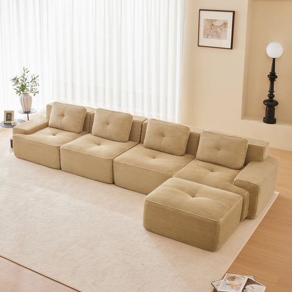 English Elm 153" Modern L-Shaped Sectional Sofa In Camel Corduroy With Movable Ottoman & Tufted Comfort Design W714S01472