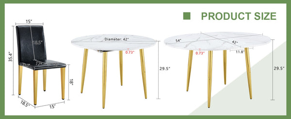 English Elm Table and Chair Set Extendable Round Mdf Top Gold Legs Four Pu Dining Seats Black,White+Gold W1151S04830