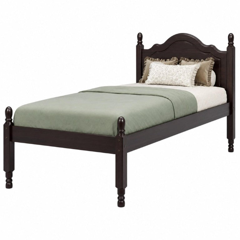 HomeRoots Espresso Solid Wood Twin Bed Sturdy Frame for Kids or Guest Bedroom Decor 749724