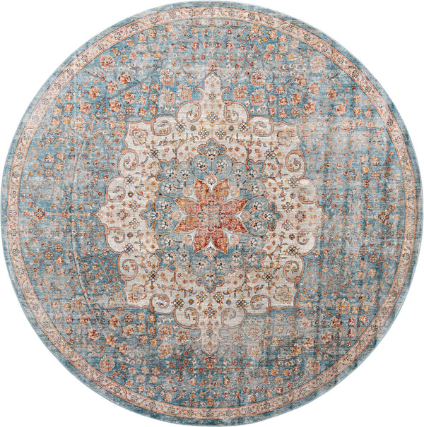 Unique Loom Newport Elms Machine Made Medallion Rug Blue, Ivory/Light Blue/Rust Red/Terracotta/Yellow/Pink 10' 2" x 10' 2"