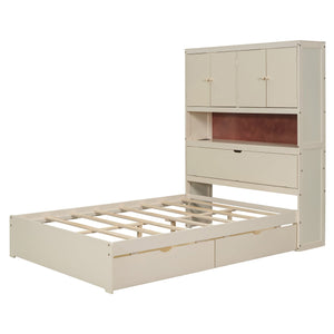 English Elm Full Size Wooden Platform Bed With Usb Charging, Storage Headboard & Elegant Drawers In Cream N820S00045K