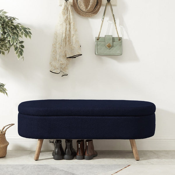 English Elm Luxury Boucle Oval Ottoman Bench with Hidden Storage Rubberwood Legs Entryway Seat Navy Blue W2186P430718