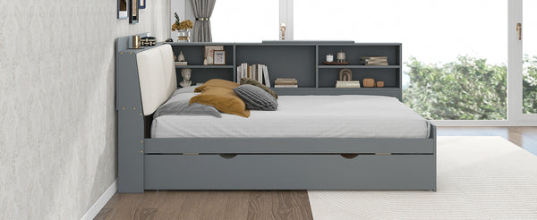 English Elm Wood Full Size platform bed with trundle, built-in storage headboard and shelves, sturdy pine frame Gray GX002055AAE