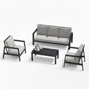 English Elm 4-piece Outdoor Conversation Set with Powder-coated Aluminum Frame and Plush Deep Cushions Black+Grey B082S00102