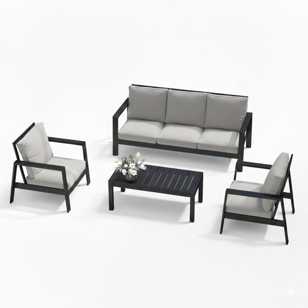 English Elm 4-piece Outdoor Conversation Set with Powder-coated Aluminum Frame and Plush Deep Cushions Black+Grey B082S00102