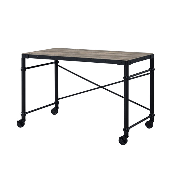 English Elm Oklarth Industrial Rustic Oak Writing Desk with Black Metal Frame, Nailhead Accent, Mobile Wheels B2726P265732
