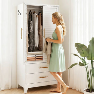 English Elm White Steel Freestanding Wardrobe Cabinet with Rod and Shelves for Dorm or Apartment T2398P480393