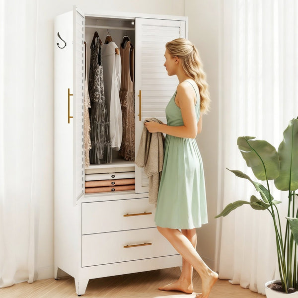 English Elm White Steel Freestanding Wardrobe Cabinet with Rod and Shelves for Dorm or Apartment T2398P480393