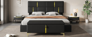 English Elm 2-pieces Queen Platform Bed Set Pu Upholstered Hydraulic Storage with Gold Accent Ottoman N733S362242B
