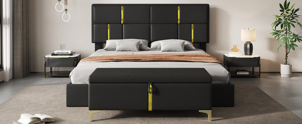 English Elm 2-pieces Queen Platform Bed Set Pu Upholstered Hydraulic Storage with Gold Accent Ottoman N733S362242B