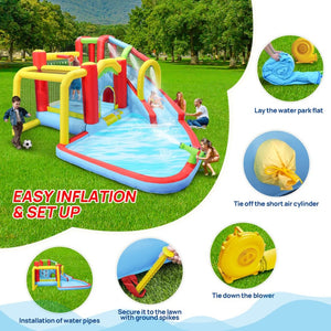 English Elm 7 in 1 Inflatable Backyard Water Park with Slide Splash Pool Climbing Wall and Bouncer W167790010