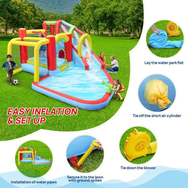 English Elm 7 in 1 Inflatable Backyard Water Park with Slide Splash Pool Climbing Wall and Bouncer W167790010