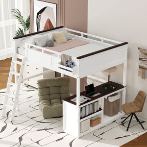 English Elm Queen Size Loft Bed With Desk, Usb Charging, Storage Box & Open Shelves For Organized Living Space N7090005002W-GIGA