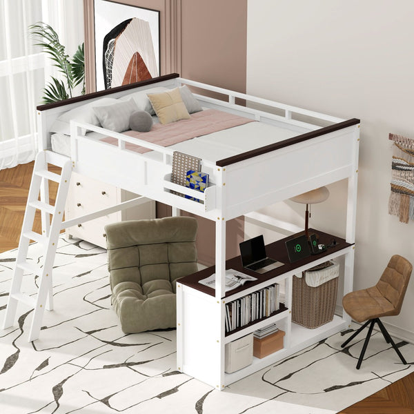 English Elm Queen Size Loft Bed With Desk, Usb Charging, Storage Box & Open Shelves For Organized Living Space N7090005002W-GIGA