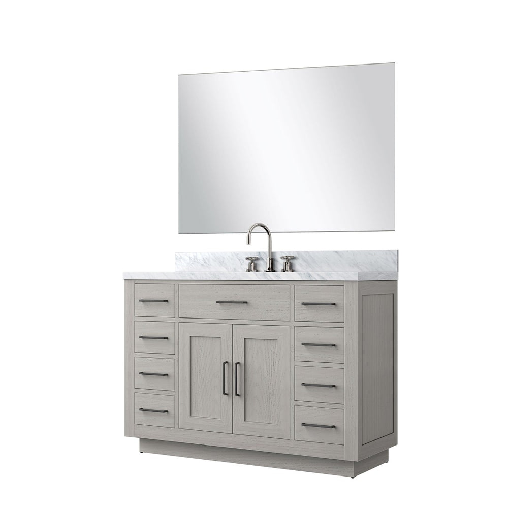 English Elm White Oak 48-Inch Single Bath Vanity Set With Carrara Marble Top, Chrome Faucet & Matching Mirror B2731S01961-GIGA