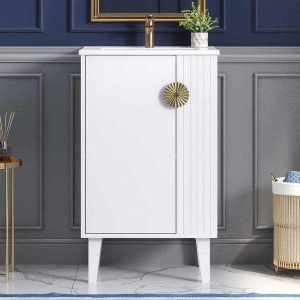 English Elm 20-inch French Style Bathroom Vanity with Integrated Ceramic Sink, Carved Accents & Soft-Close Door White N710P330971K