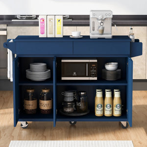 English Elm K&K 53.2'' Kitchen Island With Drop Leaf, Kitchen Storage Cart With Spice Rack, Towel Rack and 2 Drawers, Rolling Kitchen Island On Wheels With Adjustable Shelves For Kitchen, Dining Room, Navy Blue