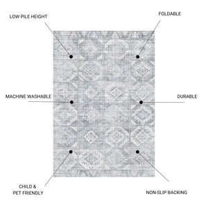 English Elm TOUCAN Silver 5'x7' Washable Non-Slip Area Rug – Low-Pile, Durable Polyester, Kid & Pet Friendly B186P261399