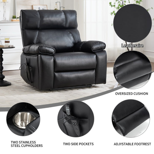 English Elm Black Leatheraire Power Lift Recliner with Massage Heat and 350 Lb Dual Motor W1803P340318