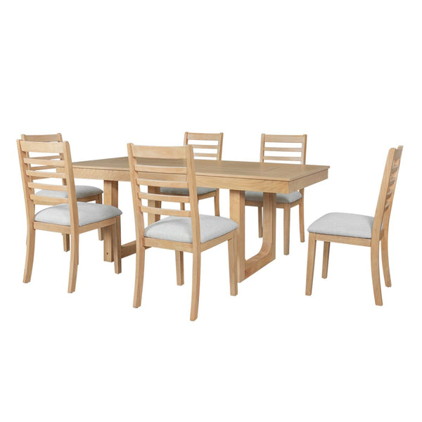 English Elm 7 Piece Farmhouse Dining Set Oak Veneer Extendable Table Six Upholstered Chairs Beige,Natural N752S000090N-1