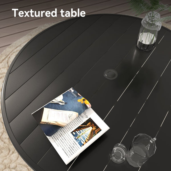 English Elm Outdoor Round Dining Set for Four with Mesh Swivel Chairs and Umbrella Hole Table W213S00058