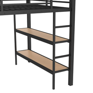 English Elm Queen Loft Bed Frame With Wardrobe & Shelves - Modern Metal Design For Space-Saving Storage & Work W1580S00233-GIGA