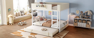 English Elm Queen Bunk Bed with Trundle Solid Pine Kids Car Themed Frame Built-in Bookshelf Beige+White W1580S00446