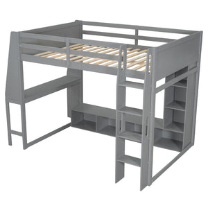 English Elm Wood Full Size Gaming Loft Bed Pine Frame with Led Lighting Desk and Storage Shelves N7090001042E-1