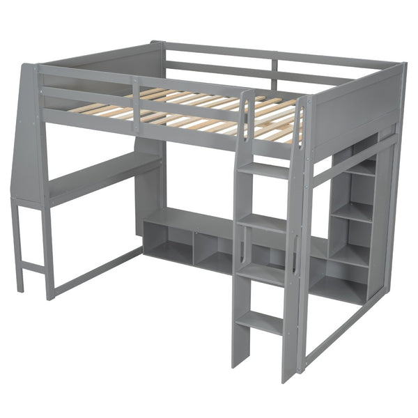 English Elm Wood Full Size Gaming Loft Bed Pine Frame with Led Lighting Desk and Storage Shelves N7090001042E-1