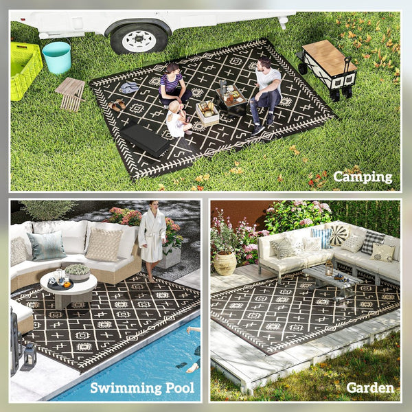 English Elm Easy Carry Reversible Outdoor Patio Rug Waterproof Polypropylene Flatweave Geometric Design Beige,Black T3971P421360
