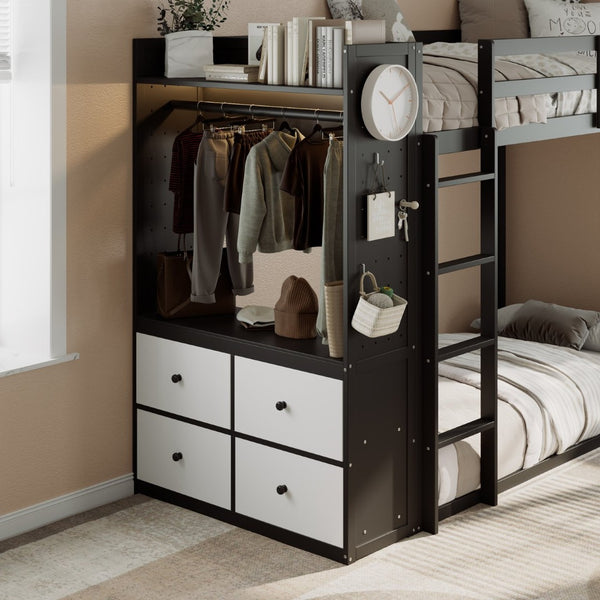 English Elm Twin Bunk Bed with Storage Drawers Hanging Rail Led Shelves and Pegboard Organizer Black LT000282AAB