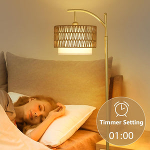 English Elm Gold Boho Floor Lamp with Remote Dimmable LED, Dual Rattan & Fabric Shades, Adjustable Arc Light Brown+Gold W2738P185403