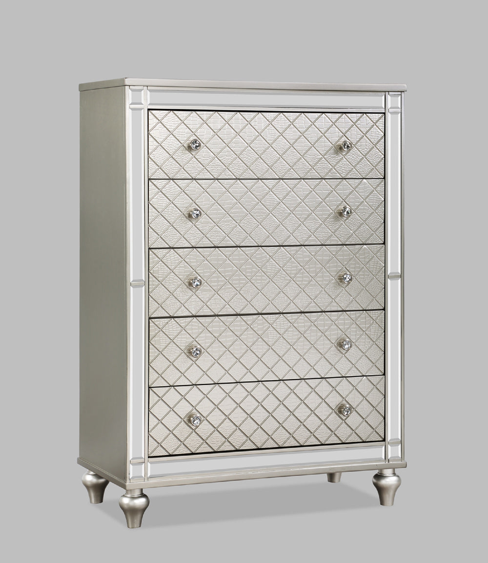 English Elm 1pc Glam 5-Drawer Bedroom Chest with Mirrored Accents Crosshatch Drawer Fronts Champagne Finish Silver 39.5 L x 21.75 W x 52 H B2741P367212