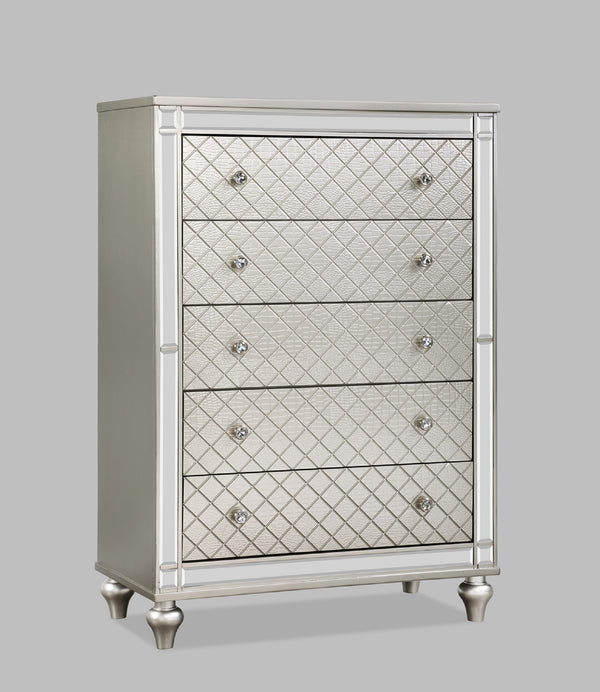 English Elm 1pc Glam 5-Drawer Bedroom Chest with Mirrored Accents Crosshatch Drawer Fronts Champagne Finish Silver 39.5 L x 21.75 W x 52 H B2741P367212