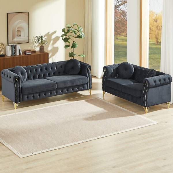 English Elm Velvet Chesterfield Tufted Sofa with Copper Stud Trim and Gold Legs for Glam Living Black W834S00628