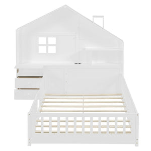 English Elm Full Size House Bed White Wood Frame with Drawers Shelves and Built in Usb Charging LT000423AAK-2